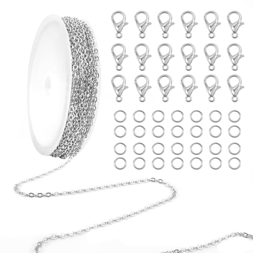 TOAOB 5m Chaînes de Collier en Acier Inoxydable Chainette pour Bijoux Argent avec 20 Fermoirs Mousquetons et 50 Anneau Ouvert pour Bracelet Collier Breloques Fabrication de Bijoux