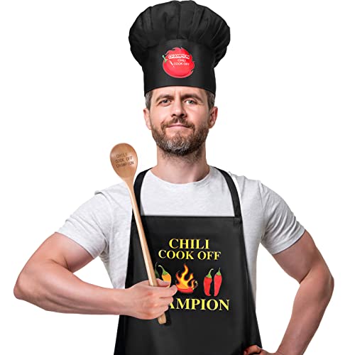 3 Pcs Chili Cook off Trophies Black Apron Adjustable Chef Hats Funny Kitchen Cooking Hat Cook off Wood Spoon Prizes for Men Women Chili Festivals