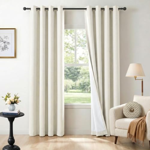 Image of 100% Blackout Shield Linen Textured Total Blackout Curtains for Bedroom 90 Inches Long, Beige Wihte Grommet Curtains for Living Room, Thermal Insulated Room Darkening Drapes, 50 inch W x 90 inch L, 2 Panels
