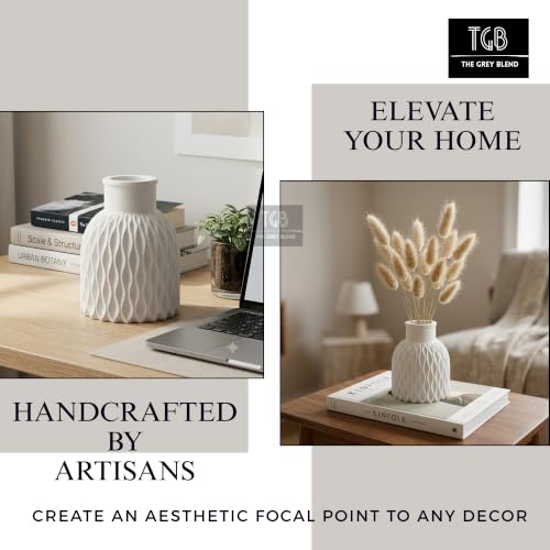 Image of Wave Textured Concrete Vase for Living Room & Table Decor | Sculpted Wave Texture Compact Size 8 x 9 cm, 650g Holds Dried Flowers & Pampas Grass Matte White Finish