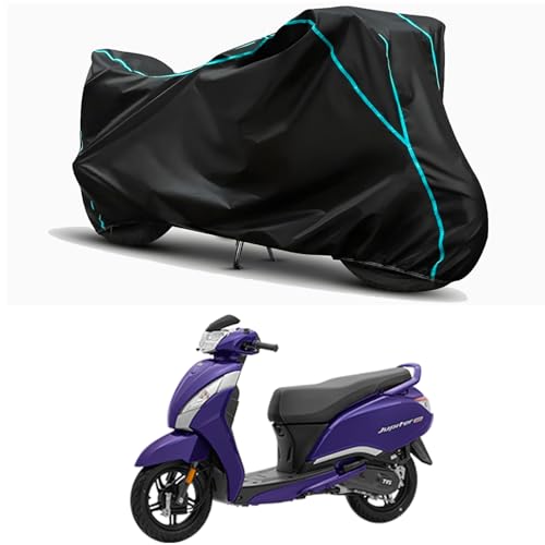 Image of Waterproof Bike Body Cover Compatible for | TVS Jupiter STD | Taffeta Fabric, Sky Piping Design, Bottom Elastic Fit | Dustproof, Sun UV & Rain Protection for All Weather.