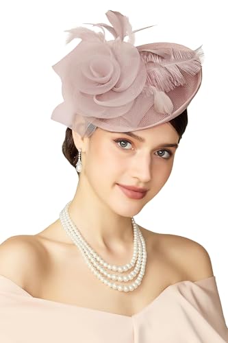 BABEYOND Damen Fascinator Hut mit Federn und Mesh-Blumen Pillbox Hüte Elegante Kopfbedeckung mit Haarclip für Hochzeiten Damen Race Day Cocktail Party Nude-Rosa