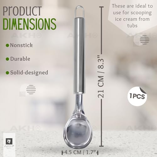AKH® Stainless Steel Ice Cream Scoop | 21CM / 8.3" | Heavy‑Duty Ice Cream Scooper for Hard Ice Cream & Cookie Dough | Dishwasher Safe Kitchen Tool - Image 3