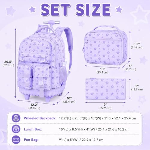 Image of CCJPX 3Pcs Rolling Backpack for Girls, Roller Wheeled School Bookbag, Star Wheels Backpacks with Lunch Box for Kids (Purple)