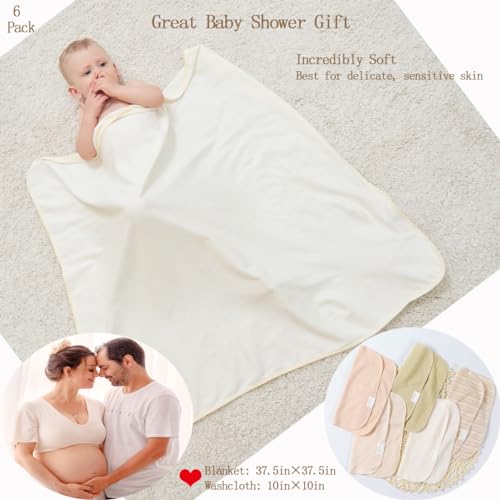Image of 6-Pack Organic Cotton Baby Bath Set - Embroidered Hooded Towel & 5 Soft Washcloths, Ultra Soft Newborn, Toddlers, Registry Gift for Boys & Girls, Brown 37.5 x 37.5 Inches