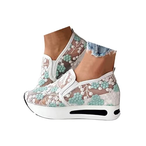 Wedge Floral Shoes Mesh Fashion Sneakers for Women Slip On Breathable Walking Shoes Women's Casual Embroidery Platform Sneakers Comfort Work Shoes High Heels Outdoor Travel Sports Shoes