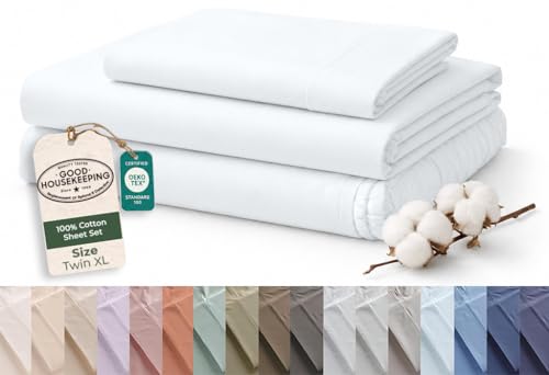 Image of ROYALE LINENS 100% Organic Cotton Twin XL Sheet Set - 16 inch Deep Pocket Bed Sheets - White Bed Sheets - Sabanas Twin XL - 1 Flat, 1 Fitted & 1 Pillowcases - White Sheet Set - Cotton Bedding Sets