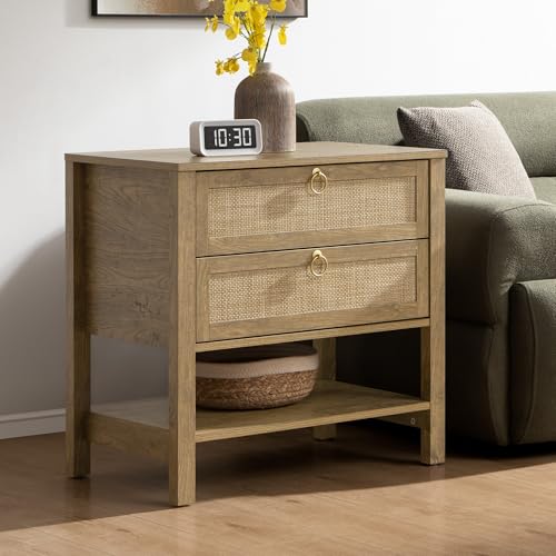 Image of SICOTAS Night Stand with Drawers and Storage Shelf - Large Nightstands Rattan Decor Boho Bedside Table Narrow Side Table for Bedroom, Small Space
