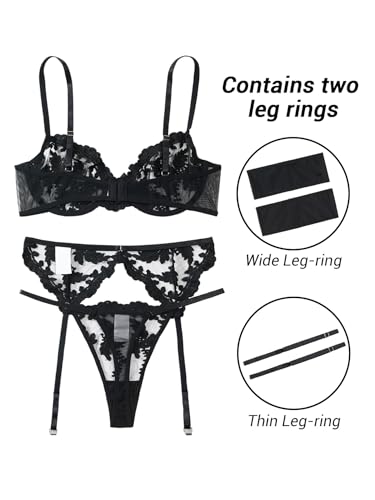 Image of Lilosy Sexy Leaf Floral Embroidered Mesh Sheer Women Underwire Push Up Lingerie Set