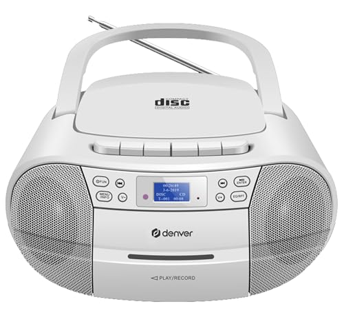 Tragbares Stereo Boombox Denver TDC-280WHITE mit DAB+/UKW-Radio Kassettenspieler CD-Player AUX-Eingang Volumen: 2 x 15 W