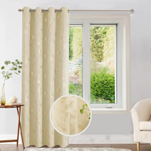 Image of Urban Space 80-85% True Blackout Curtains for Door, Gold Foil Printed Blackout Curtains, Blackout Decorative Door Curtain Eyelet with Tieback, 1 Piece Curtain for Living Room(Leaf Beige, 7 Feet)