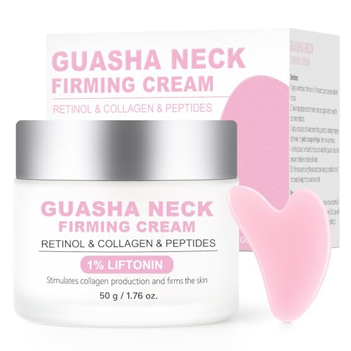 Neck Firming and Tightening Cream with Gua Sha Tool – Retinol, Collagen & Peptides for Chest, Jawline, Décolleté | Instant Face Lift, Anti-Aging & Wrinkle Moisturizer 1.76 oz