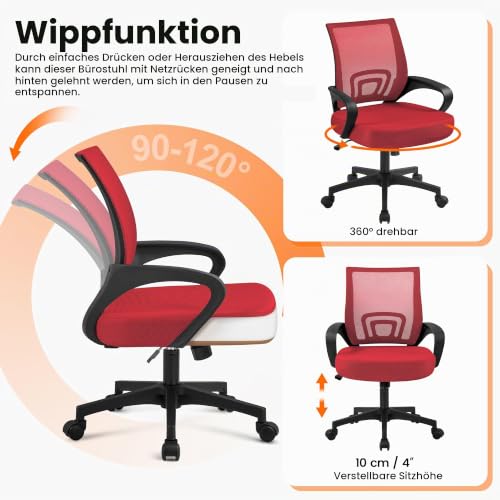 Yaheetech Bürostuhl Ergonomisch mit Netzbespannung und Armlehnen, Rot – Ansicht 5