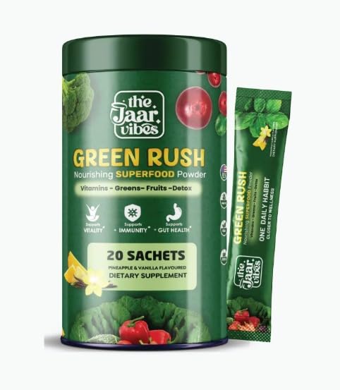 The Jaar Vibes Green Rush Daily Greens Superfood Powder for Women & Men | 70+ Superfoods Probiotics Vitamins & Adaptogens | Gut Health Supplement for Energy Immunity & Detox | 20 Serving