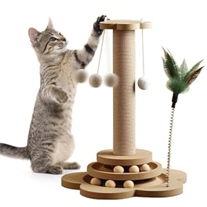 GOMETY 4 in 1 Katzenspielzeug aus Holz Roller 2-lagiger Drehteller Interaktives Katzen Spielzeug hölzernes mit Federn und Katzenminze Bälle, 40cm Katze Sisal Seil Kratzbaum mit hängenden Ball(Large)
