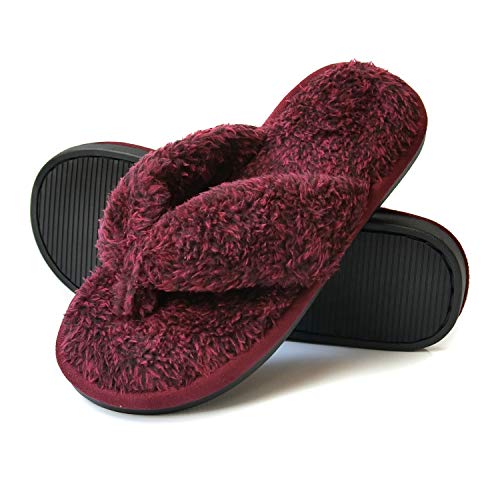 Onmygogo Plush Indoor Flip Flop Thong Slippers for Women Open Toe, Double Color Fleece Slippers with Wide Straps?Burgundy, 7-8?