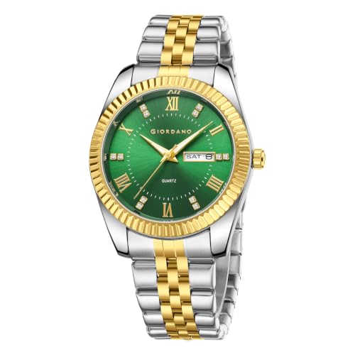 Image of Giordano Analog Watch for Men - Luxury Two-Tone Stainless Steel Strap, Gold Accents, Crystal Hour Markers, Fluted Bezel, and Day-Date Display