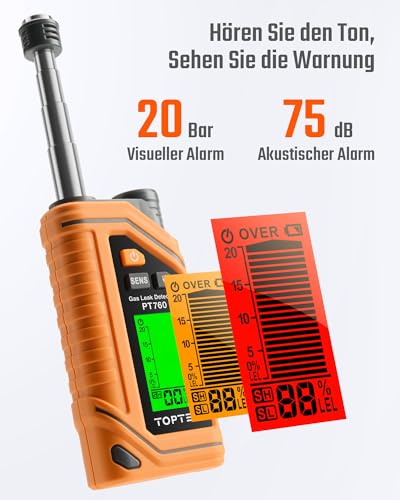 TopTes PT760 Wiederaufladbarer Erdgas-Detektor, Gaslecksuchgerät mit 30 cm ausziehbarem Sonde,%LEL Propanglecksuchgerät mit eingebauter Taschenlampe für Methan, Butan, brennbare Gase für Zuhause