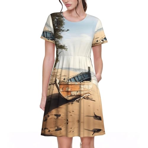 Robe de cocktail à manches courtes et poches intégrées coupe jupe trapèze rétro