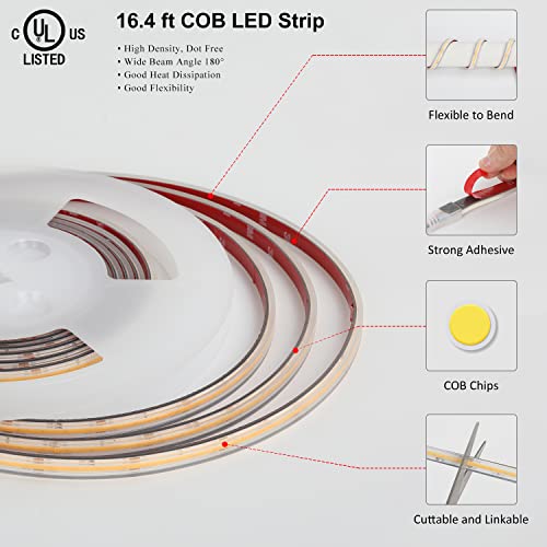 COB LED Strip Lights 16.4ft/5m, UL-Listed 4000K Led Lights Strip IP67 Waterproof, 528LEDS/m 24V LED Rope Light, 10mm Width & 3M Tape Light for Outdoor Indoor Lighting Decor(NOT Included Power Supply)