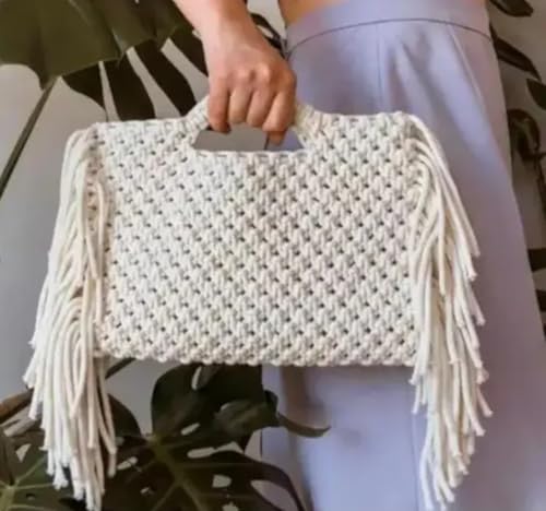 Sac à main en macramé blanc crème fait main avec pompons