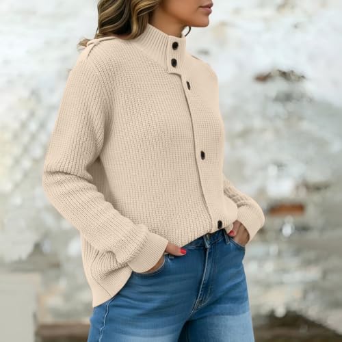 Women's Mock Neck Cardigan Sweaters Button Long Sleeve Chunky Knit Jackets - image 3
