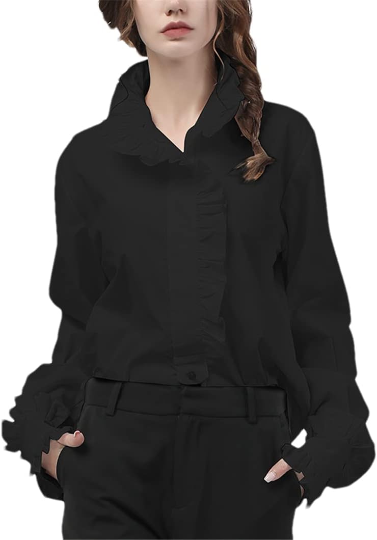 Ruffles Women White Cotton Shirts Flared Tops Loose Plus Size Office Ladies Korean Blouses
