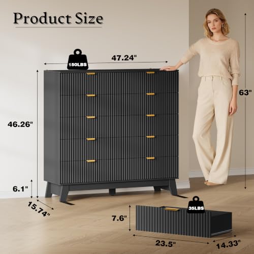 Image of BORNOON 46 inch Tall Dresser for Bedroom, 10-Drawer Fluted Chest of Drawers, Modern Wood Highboy with Metal Slides and Handles, Anti-Tip Kit, Vertical Clothes Storage Organizer for Apartment, Closet