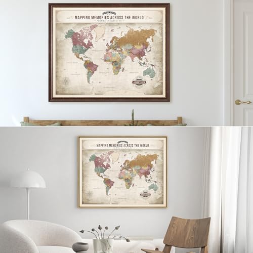 Image of DECORARTS - Large Personalized World Travel Map with Pins, Custom Name, Pin Board Canvas Wall Art, Vintage Pastel World Decor, Optional Wood Frame, Giclee Print, Handcrafted in USA, 35x28''