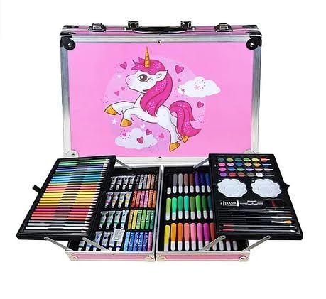 Image of 145 Pieces Art Set for Kids. 145 Pcs Color Set. Unicorn Painting Box. Drawing Colour Pencils, Oil Pastel, Watercolours, Sketches, Crayons & Paint Brush. Vanity Color Box for School Project. Pink.