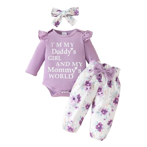 Image of ZAXARRA Infant Baby Girl Fall Outfits Letter Print Baby Girl Romper Floral Pants with Headband 3Pcs Clothes Set (Purple, 0-3 Months)