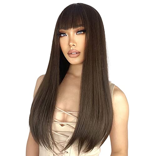 Entranced Styles Dark Brown Wig With Bangs Long Straight Wigs For Women Synthetic Brunette Wig Heat Resistant Natural Hair Wig For Daily Party Use 22 Inch #TOP2
