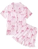 Mikrdoo Tween Girls Pajamas Elegant Silky Satin 2 Piece Fashion Summer Cute PJs, Pink Striped Bow,Size 10 Years