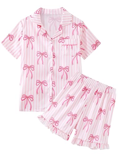 Mikrdoo Tween Girls Pajamas Elegant Silky Satin 2 Piece Fashion Summer Cute PJs, Pink Striped Bow,Size 10 Years