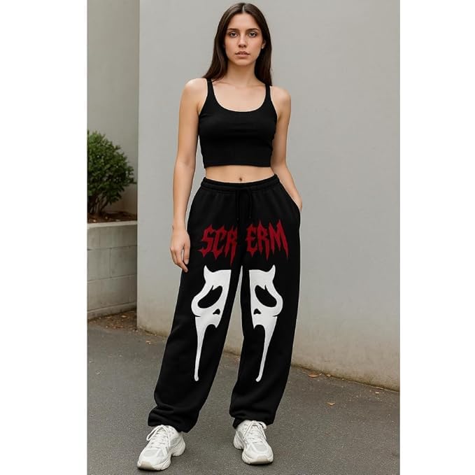 EYCOG Oversized Graphic Scream Jogger Pants for Women | Gothic Streetwear Baggy Ghost Face Sweatpants | High Waisted Loose Fit Horror Black Print Track Pants with Pockets 1