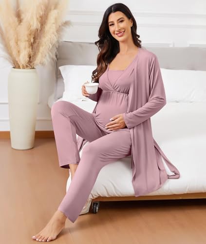 Image of SWOMOG Maternity Nursing Robe Set 3 Piece Breastfeeding Pajamas 3 in 1 Labor Delivery Sleevless Tops&Long Pants Pregnancy Pjs