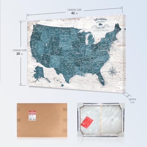 Image of IPIC Antique Blue US Travel Map with Pins, USA Map Pin Board, Size 42x28 in