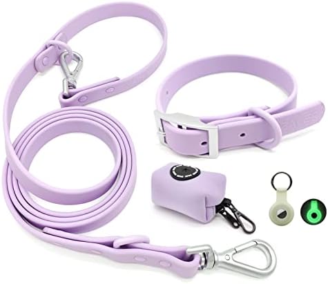 Dog Collar and Leash Set, Waterproof Adjustable Stinkproof Pet Collars Leashes for Large, Medium Small Dogs, 6FT Dog Leash with Airtag Dog Collar Holder and Dog Poop Bag Holder (L, Purple)