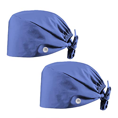 KBDAPNL 2 Pack Adjustable Working Cap with Button, Cotton Working Hat Sweatband, Elastic Bandage Tie Back Hats for Women Men, One Size, Blue