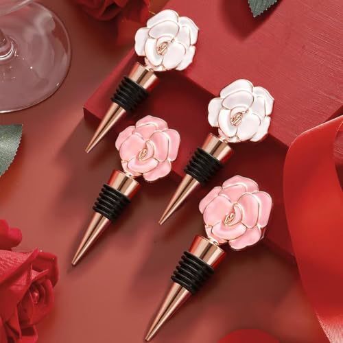 4pcs Luxury Rose Wedding Anniversary Wine Stopper Party Favors Valentine Gift Bridal Shower Return Gifts Souvenirs Beverage Stoppers Holiday Birthday Luau Party Decor (White Pink Rose,4)
