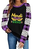TMSD Women Mardi Gras Raglan Top Long Sleeve Crew Neck Sweatshirt Mardi Gras & Mask M