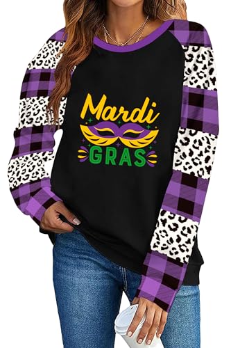 TMSD Women Mardi Gras Raglan Top Long Sleeve Crew Neck Sweatshirt Mardi Gras & Mask M