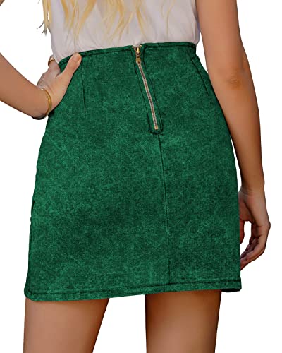 Vetinee Women's Elm Green Tulip Hem Shirred Stretchy Back Zip Casual Bodycon Short Jean Denim Skirt Size Large Size 12 Size 14 #TOP1