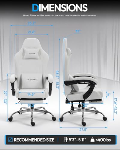 Image of Dowinx Ergonomic Gaming Chair with Footrest & Massage Lumbar, 2D-Linkage Armrests for Computer Chair 330lbs with Headrest Pillow for Office, Home, Streaming and Long Gaming Sessions, Fabric Pure White