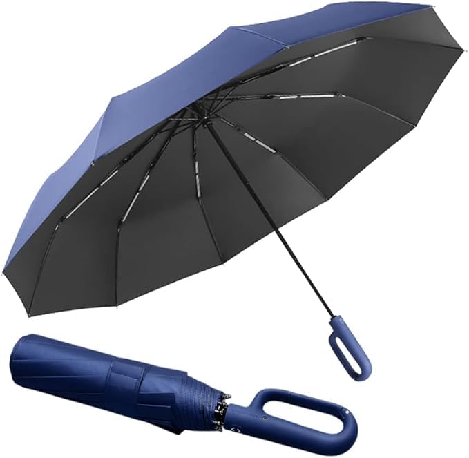 PRANIJ 3-Fold Compact Travel Golf Umbrella with Carabiner Handle | Auto Open-Close 10 Dual Rib Windproof Design | UV Protection Portable Umbrella for Rain/Sun for Car, Travel, Outdoor (Midnight Navy) 1