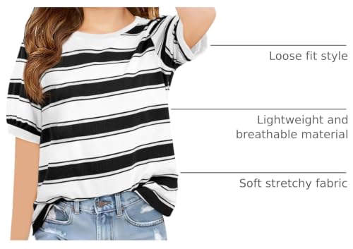 Image of Haloumoning Girls Striped Short Sleeve T Shirts Kids Summer Casual Tops Crewneck Tees Blouses 5-14Y