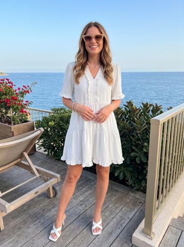 Image of Dokotoo Womens Summer Dresses 2026 V Neck A Line Short Sleeve Casual Ruffle Babydoll Mini Dress