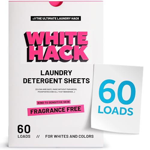 White Hack Fragrance Free Laundry Detergent Sheets | Clothes Detergent Laundry Soap Sheets for Travel - Mess-Free Ultra Concentrated Recyclable Packaging Stain Fighting | Unscented 60 Count