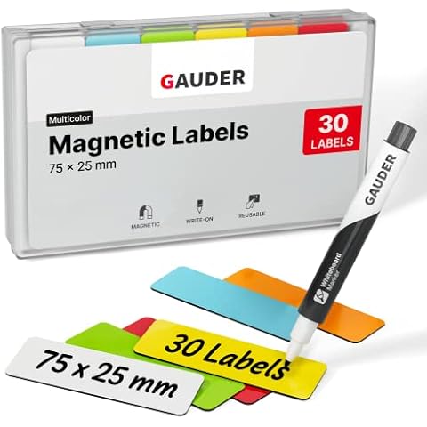 GAUDER Magnetic Dry Erase Labels | (75 x 25 mm) Magnetic Labels to write on | Dry Erase Magnets for Classroom, Whiteboard & Blackboard Cover