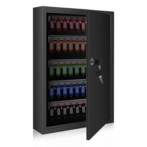 Image of SHANTRA Key Box Cabinet, Wall Mount 100 Position Metal Locking Key Cabinet Organizer - Key Storage Box with Key Tags, Adjustable Lockbox for Keys, Secure Holder for Home, Hotels, and Valets - Black